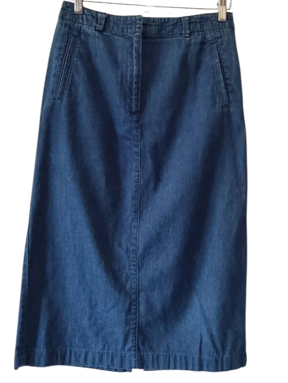 Talbots Vintage Denim Midi Skirt Size 8 Blue Back Slit Classic Straight Jean
